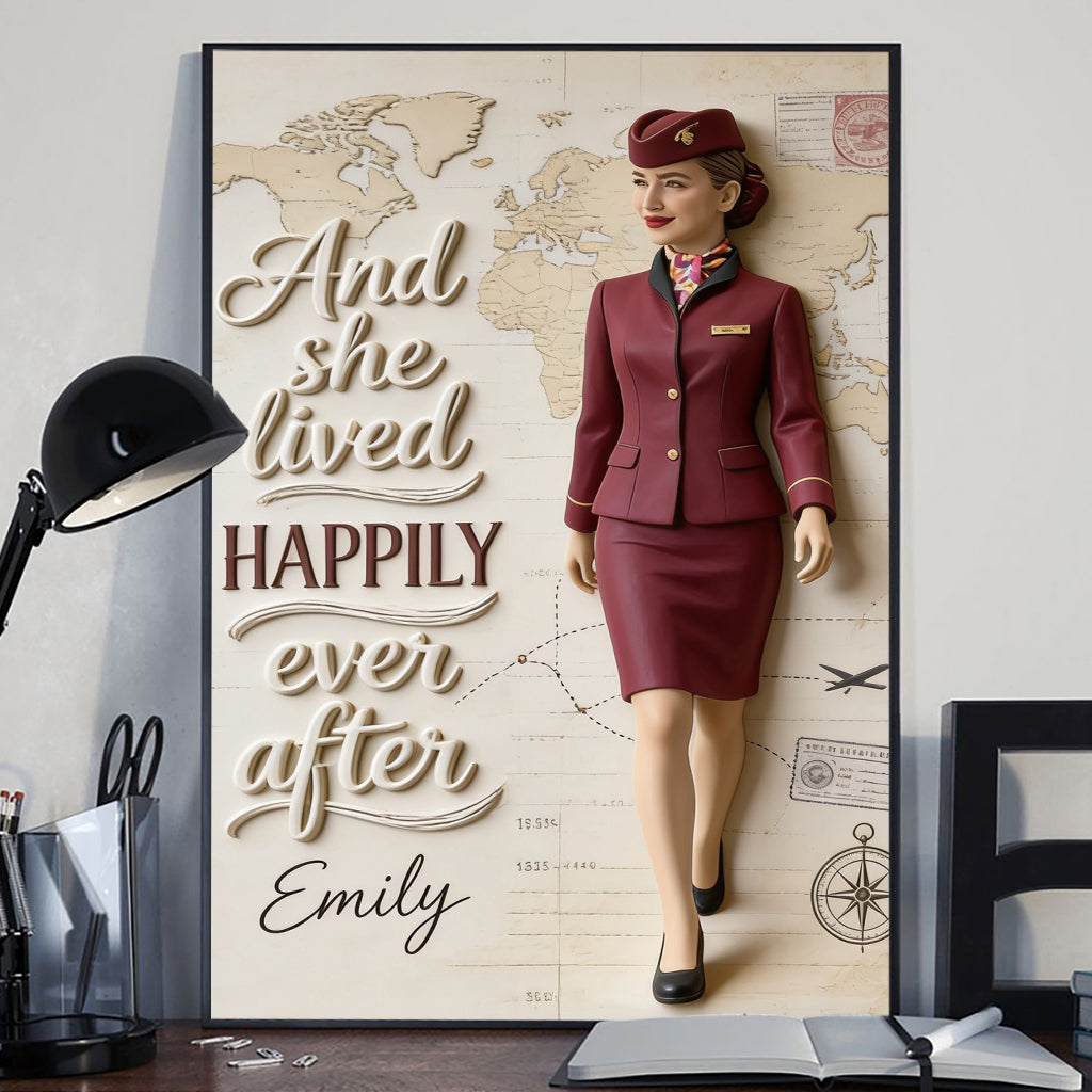 And She Lived Happily Ever After - Personalized Flight Attendant Canvas And Poster