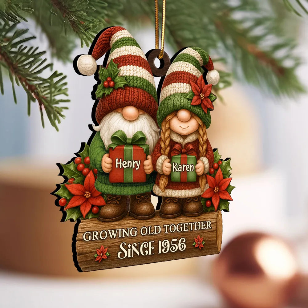 Wooden Ornament with Christmas Gnome Couple Holding Gifts, Clear Print, Perfect Holiday Gift for Couples