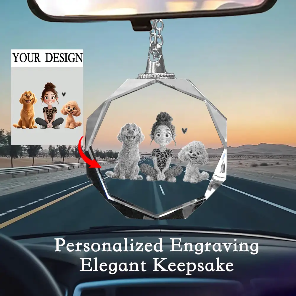 Cartoon Dog Mom as A Custom Engraved Crystal Car Hanger or as A Custom Car Hanger – A Unique Surprise for Mother's Day, Valentine's Day, or Pet Lovers