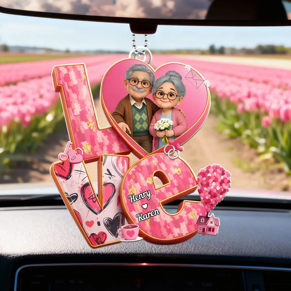 Personalized Acrylic Car Hanger, Cute Elderly Couple in Heart LOVE Design, Sweet Rearview Mirror Decor, Unique Gift for Couples