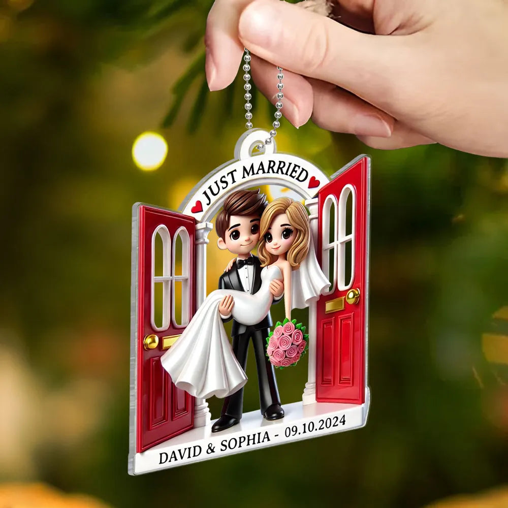 Personalized Acrylic Just Married Couple Ornament | Red Doorway Bride & Groom Carry | Customizable Date & Names