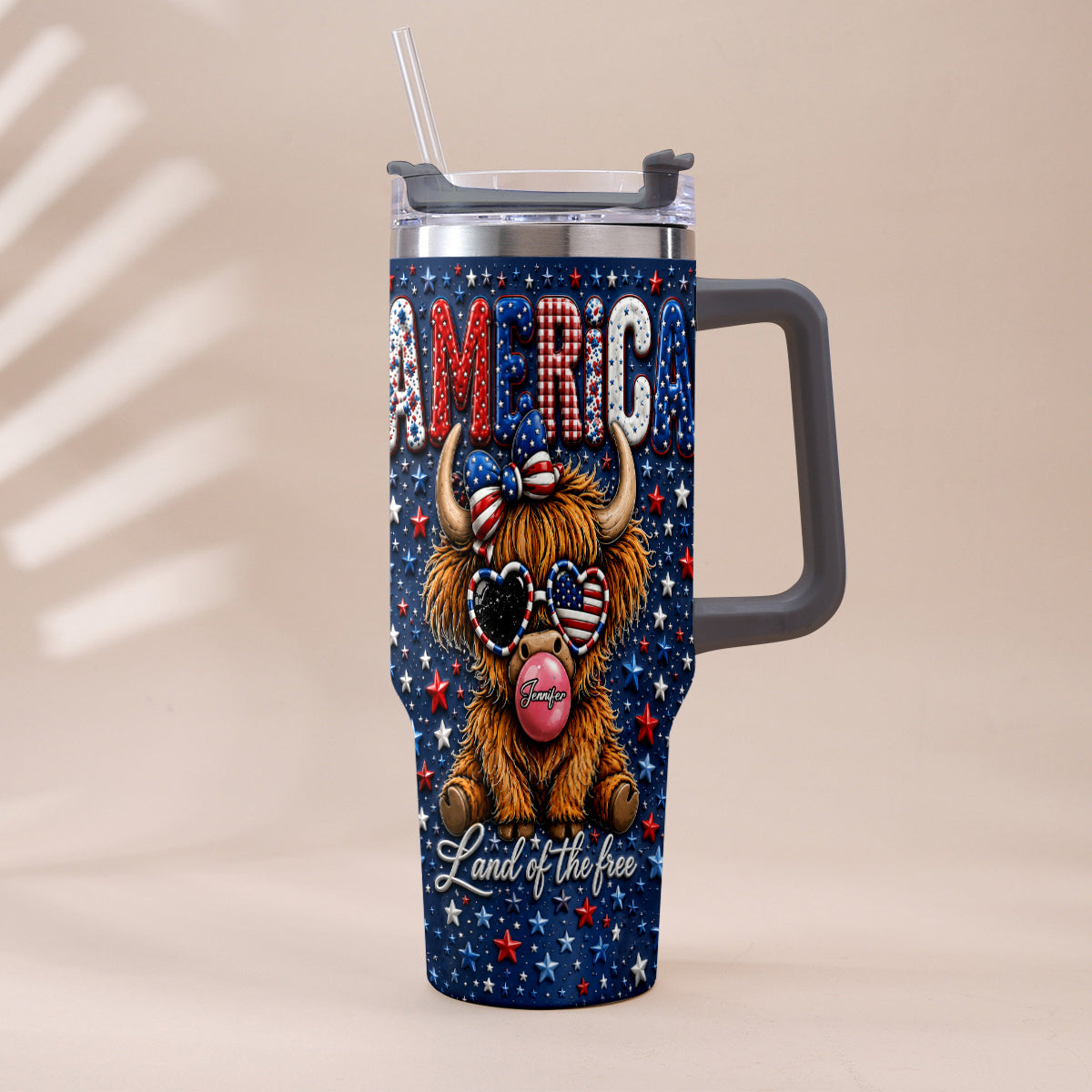 Land Of The Free - Personalized Highland Cow Tumbler With Plush Charm