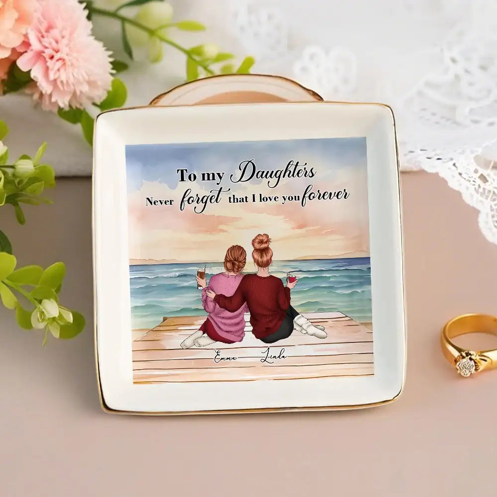Jewelry Dish with Mother-Daughter Beach Illustration, Heartfelt Keepsake of Love and Affection