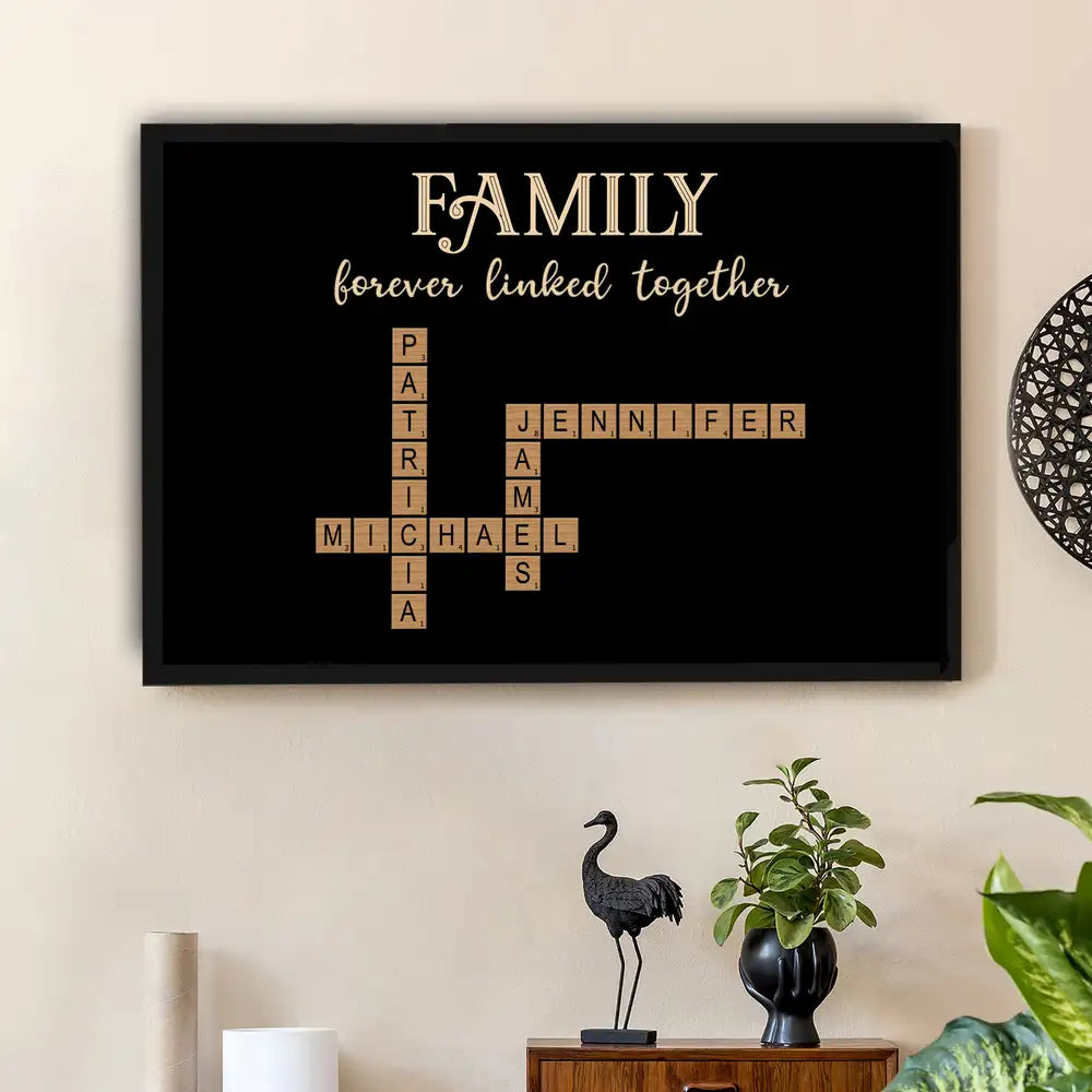 Family Forever Linked – Personalized Family Scrabble Poster, Keychain, Plaque, Ornament, Pillow, Cup, Sign, and Wallet Card for Mother’s Day or Family Gifts