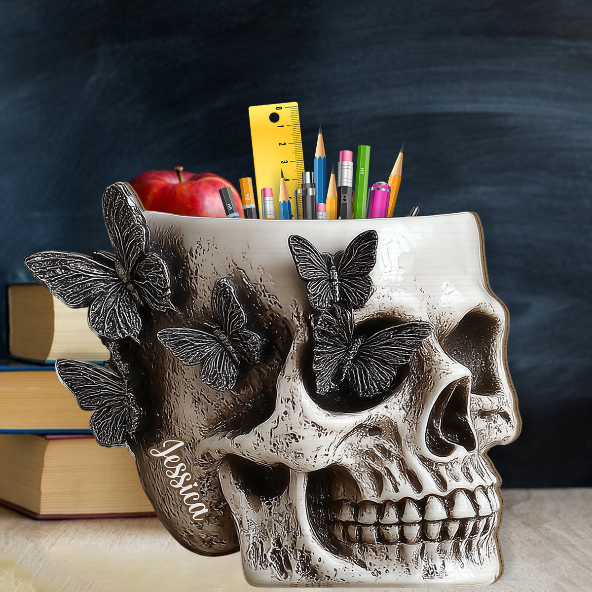 Butterfly Skull - Personalized Skull Wooden Pen Holder