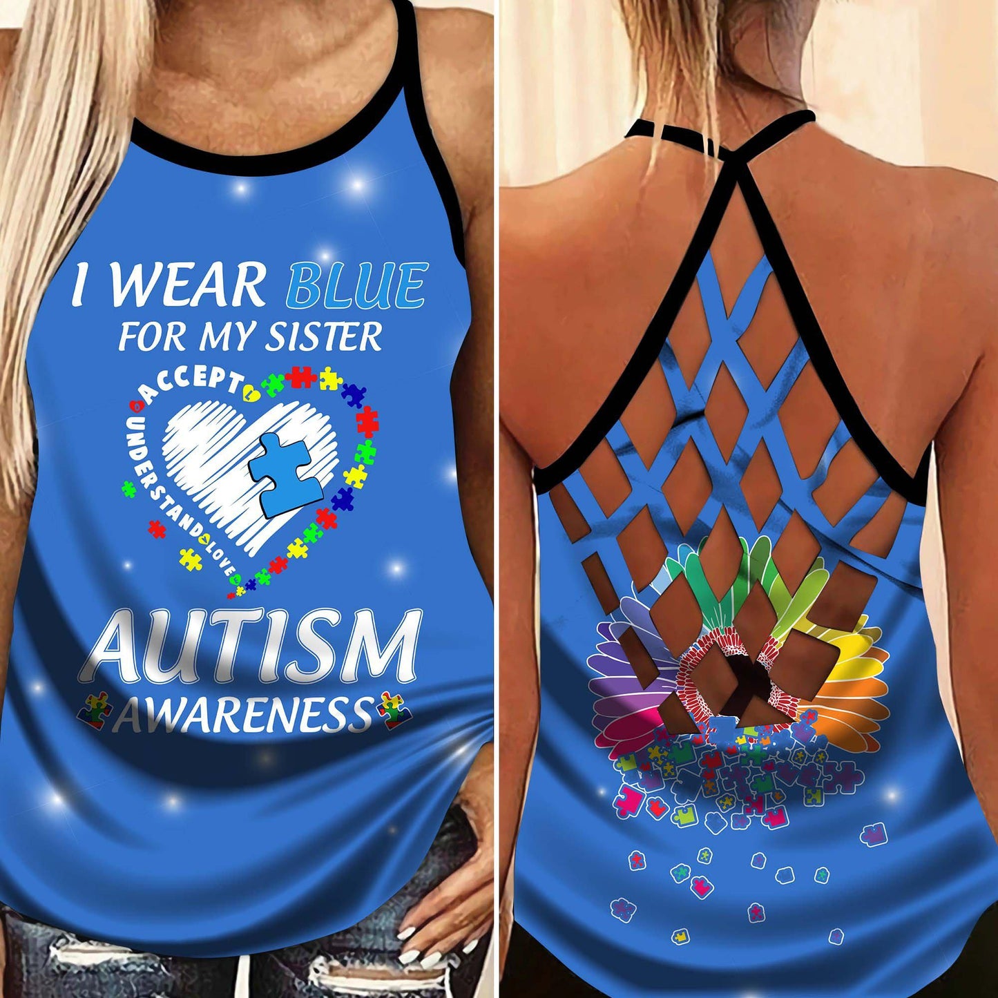 Autism I Wear Blue For Family - Autism Awareness Cross Tank Top 0921