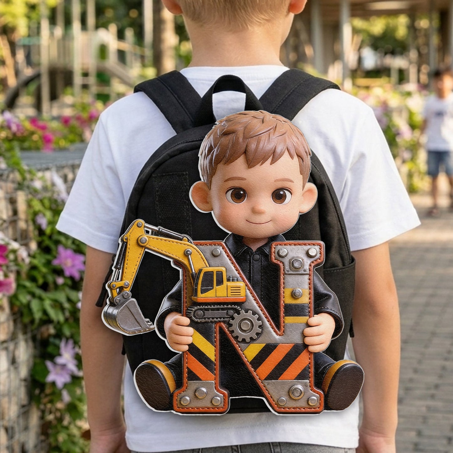 Alphabet Letter Construction Theme - Personalized Kid Changeable Leather Patch Backpack
