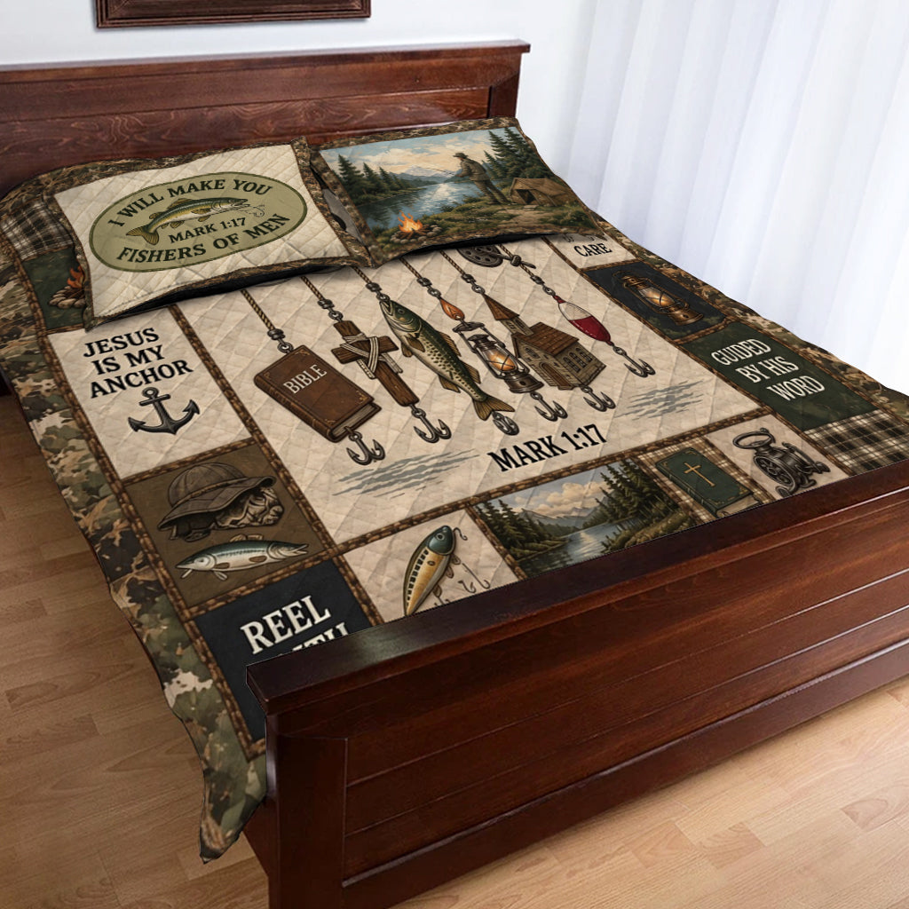 Fishing Lovers Gift, Hooked On Jesus - Personalized Fishing Quilt Set