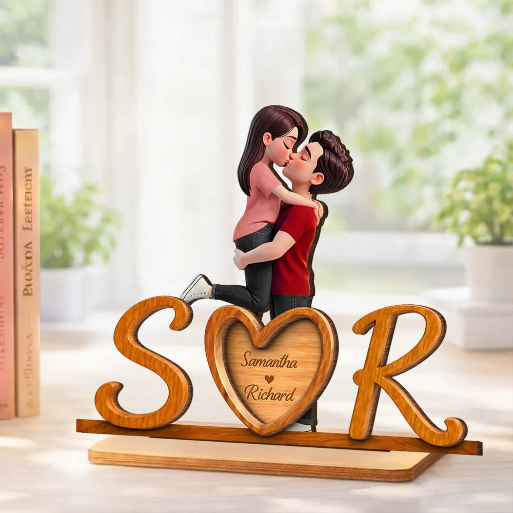 Personalized 2-Layer Wooden Plaque with Couple Kissing and Initials Heart for Desk Decor, Unique Romantic Gift for Her or Him