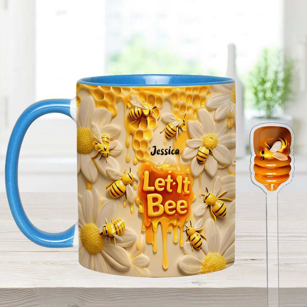 Let It Bee, Bee Flowers - Personalized Bee Set Accent Mug with Acrylic Stirrers