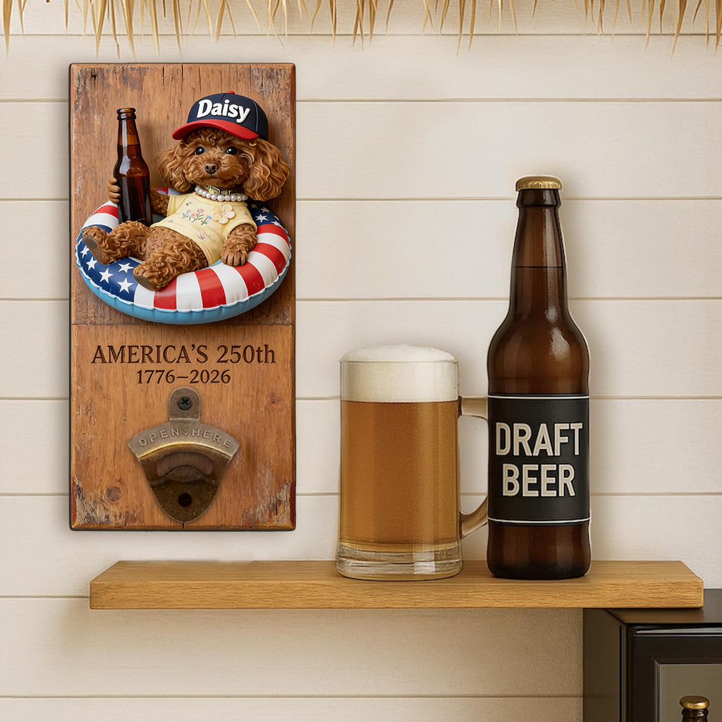 Dog With American Flag - Personalized Dog Wall Bottle Opener