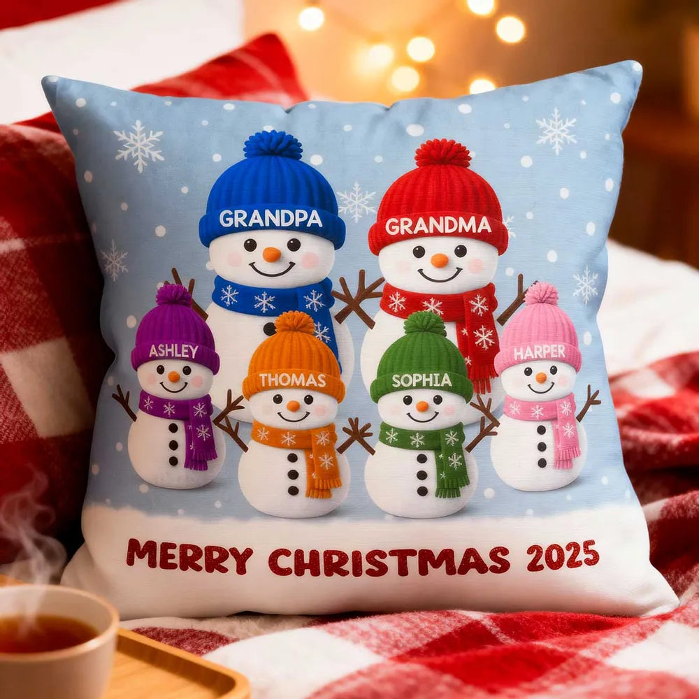 Square Pillow with Cute Snowman Family, plush velvet feel, festive room accent and creative gift for Grandma & Grandpa
