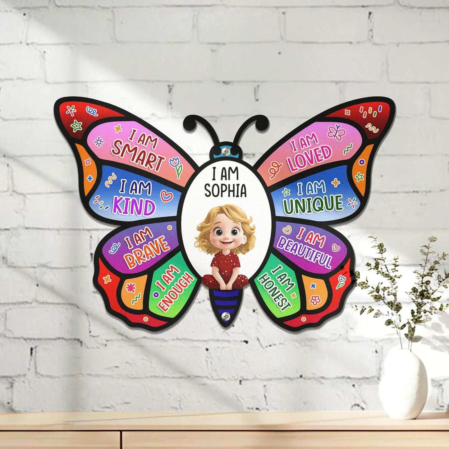 Shaped Metal Sign Personalized I Am Affirmations Butterfly with Cute Girl Illustration, Bright Wall Decor, Thoughtful Gift
