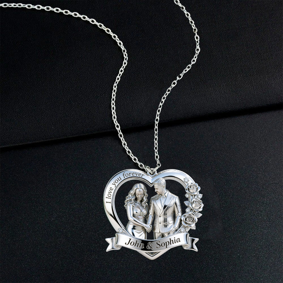 Couple Valentine Gift, I Love You Forever - Personalized Couple Shaped Metal Pendant Necklace