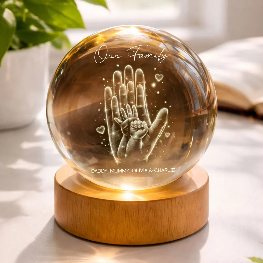Personalized Crystal Ball LED Night Light with Family Handprint Glow, Cozy Nightstand Decor, Unique Gift for Mom & Dad