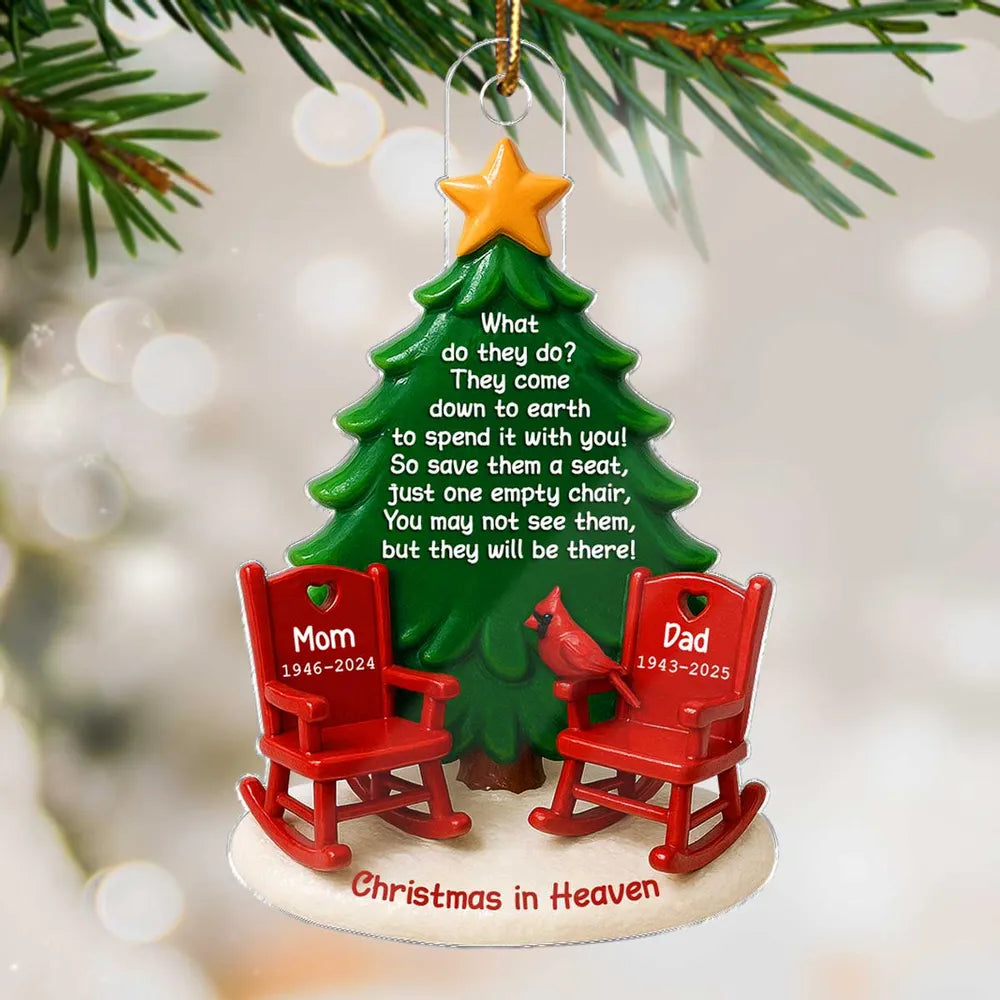 Acrylic Ornament Christmas in Heaven – Red Rocking Chairs & Tree Design, Touching Memorial Gift for Parents or Family