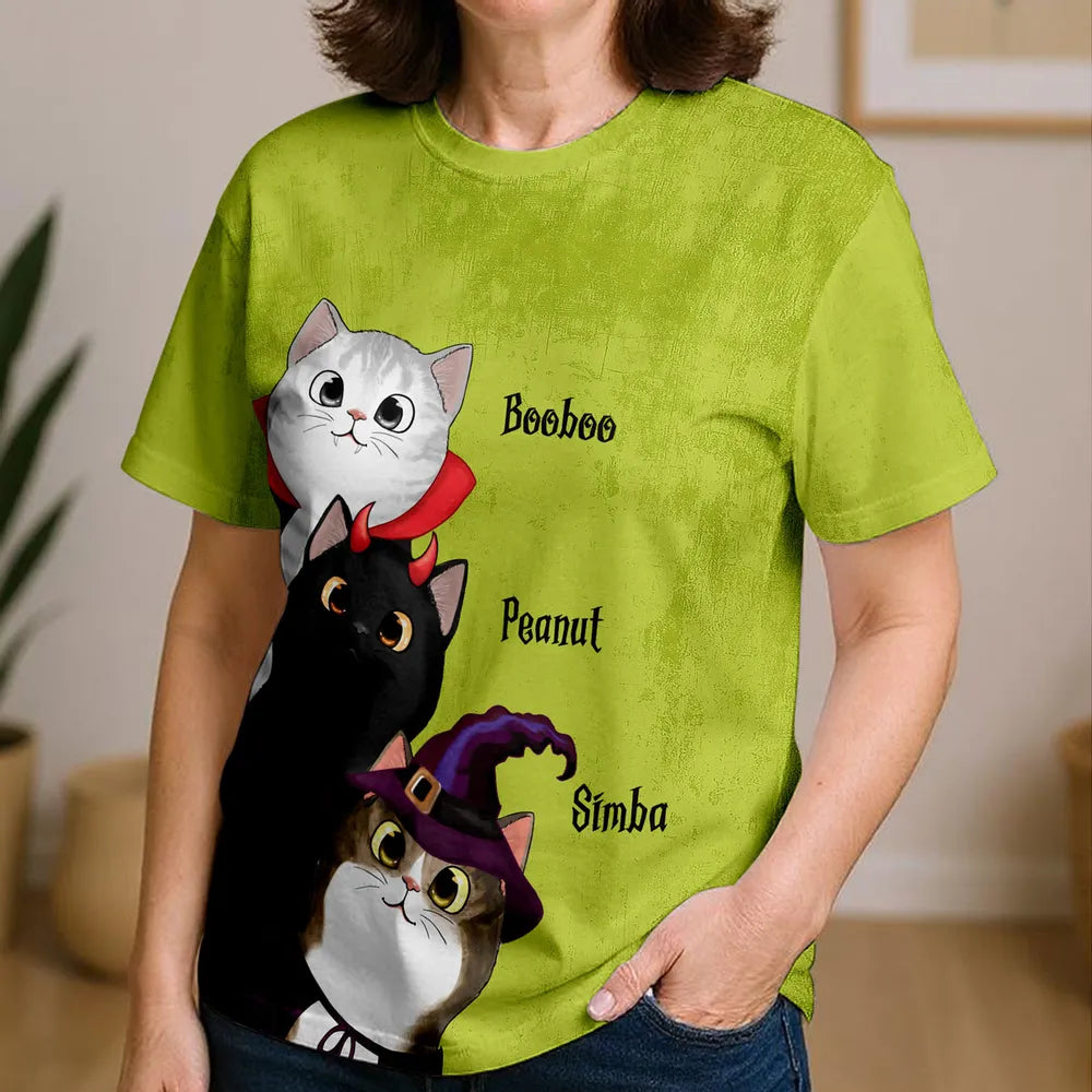 Classic Tee with Whimsical Cat Print, Halloween Vibes, Heartwarming Gift Option for Friends