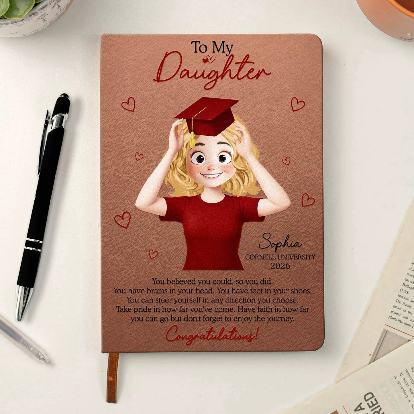 To My Daughter Graduation Leather Journal, Personalized Congrats Message with Heart Accents, Meaningful Unique Gift for Her