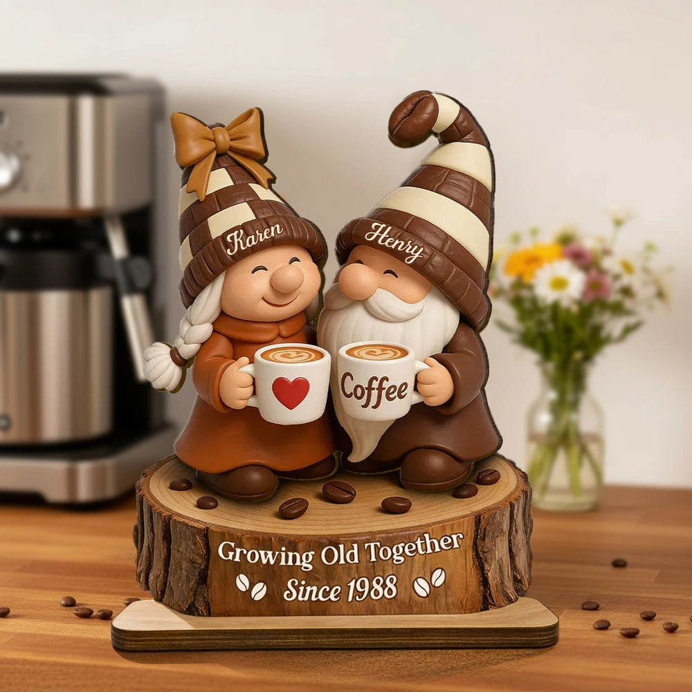Personalized Wooden Plaque with Cute Coffee Gnomes, Rustic Countertop Decor, Unique Couple Gift for Growing Old Together