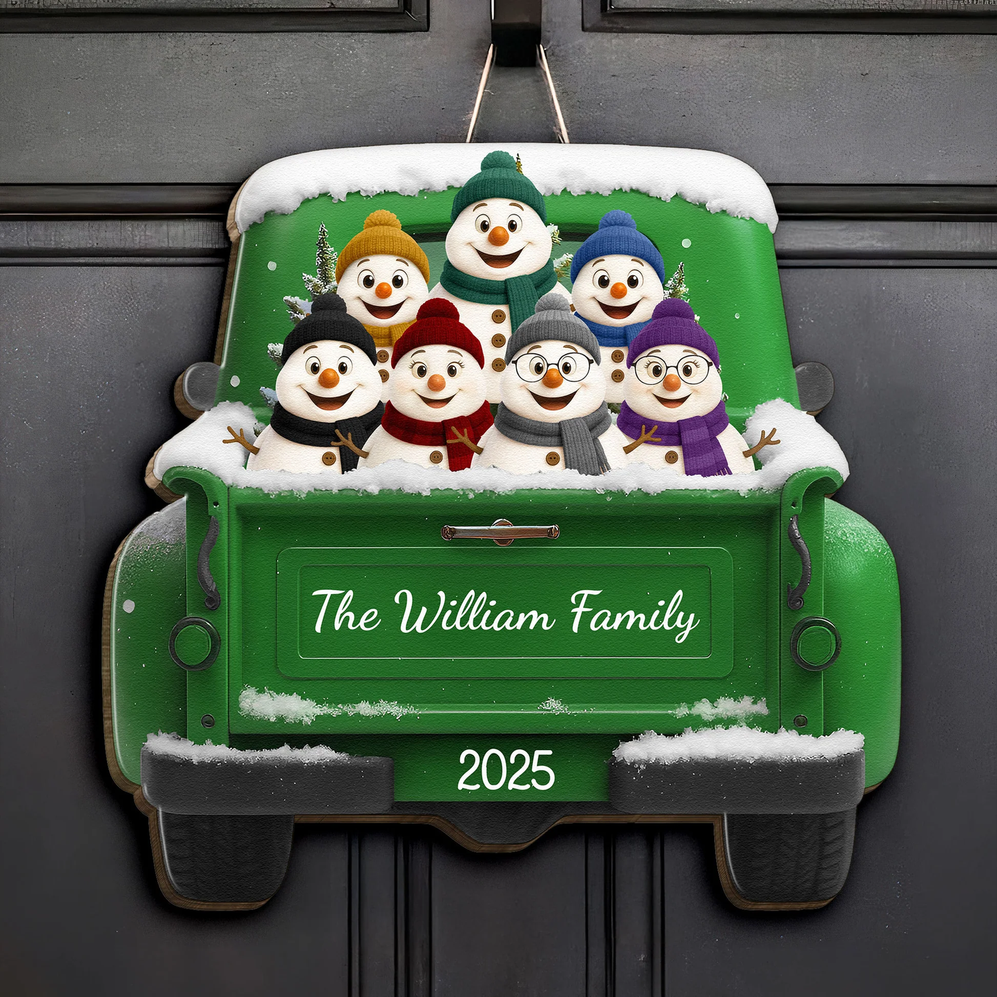 Snowman Family Wooden Sign Personalized for Christmas Door or Kitchen, Cute Red Truck Holiday Decoration & Creative Gift