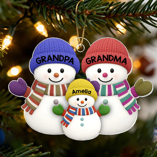 Grandparents & Grandchild Snowman Acrylic Ornament – Heartwarming Family Design, Perfect Holiday Gift