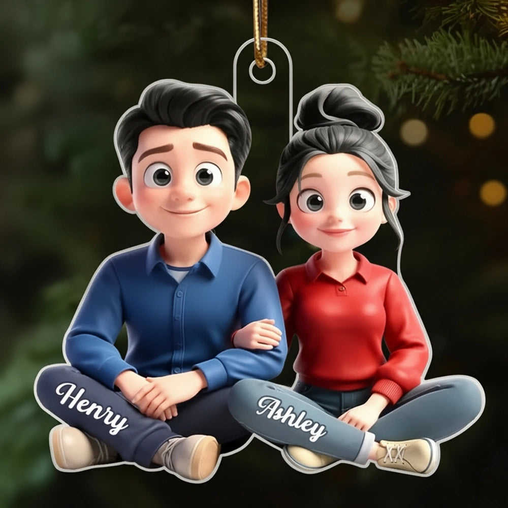 Personalized Acrylic Ornament Cartoon Couple Sitting Together, Cute Unique Gift for Him or Her