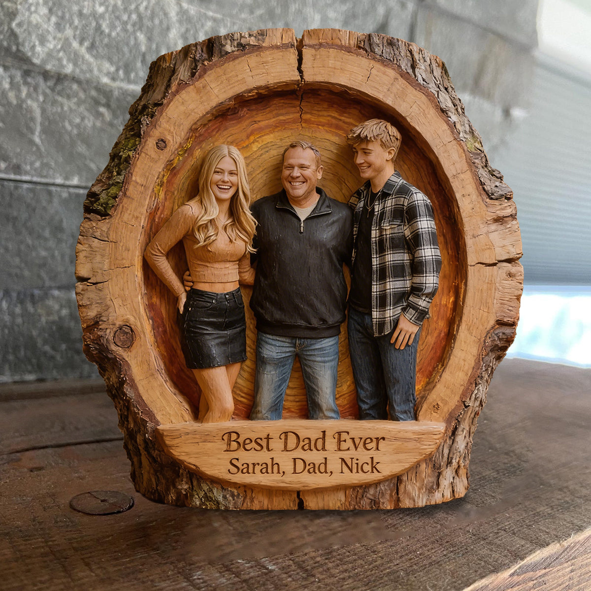 Custom Best Dad Ever Wood Log Figurine, Personalized Family Portrait Statue for Black Dad, Rustic Tabletop Decor Gift
