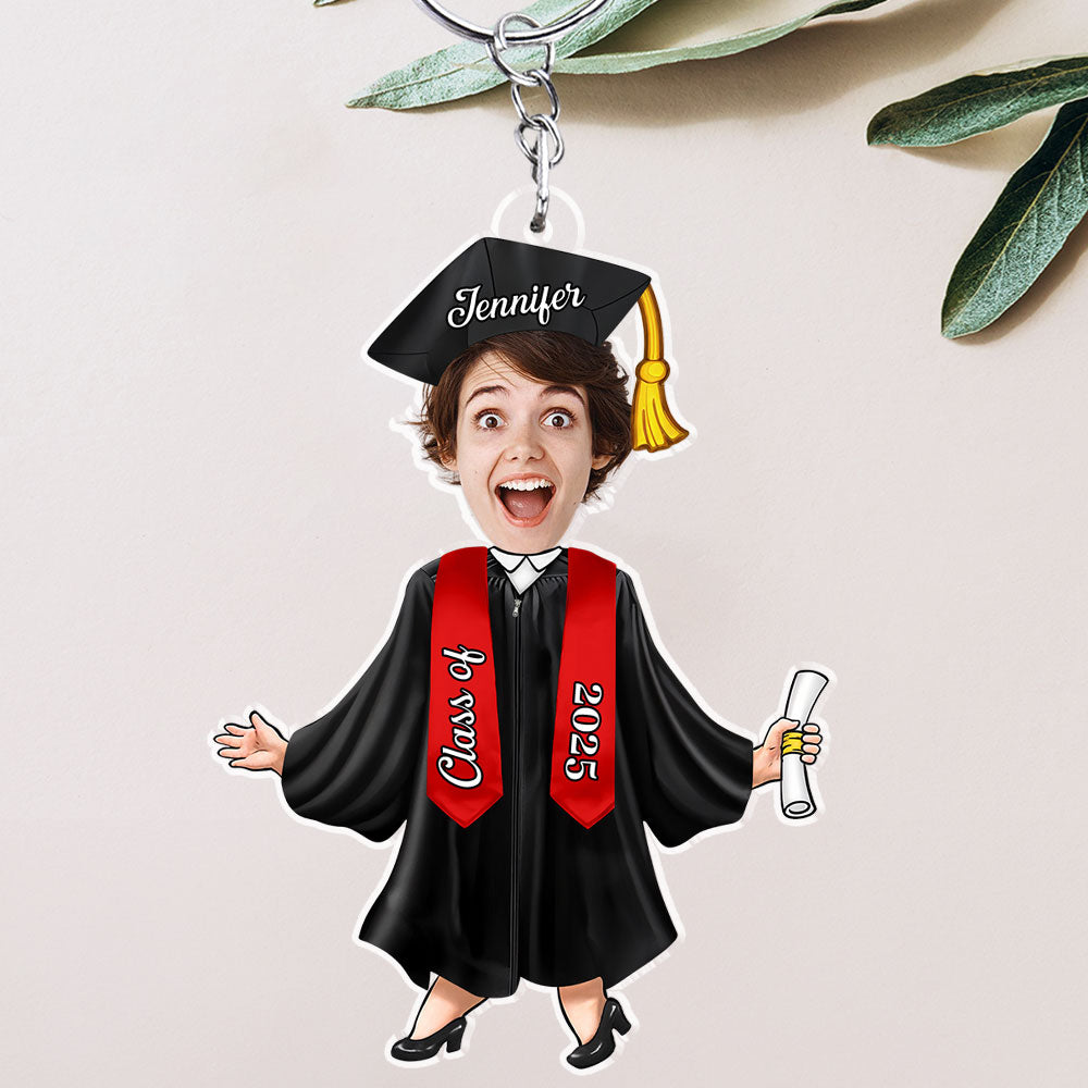 Custom Graduation Face-Cutout Acrylic Keychain – Cap, Gown & Diploma, Funny Keepsake Gift for the New Grad