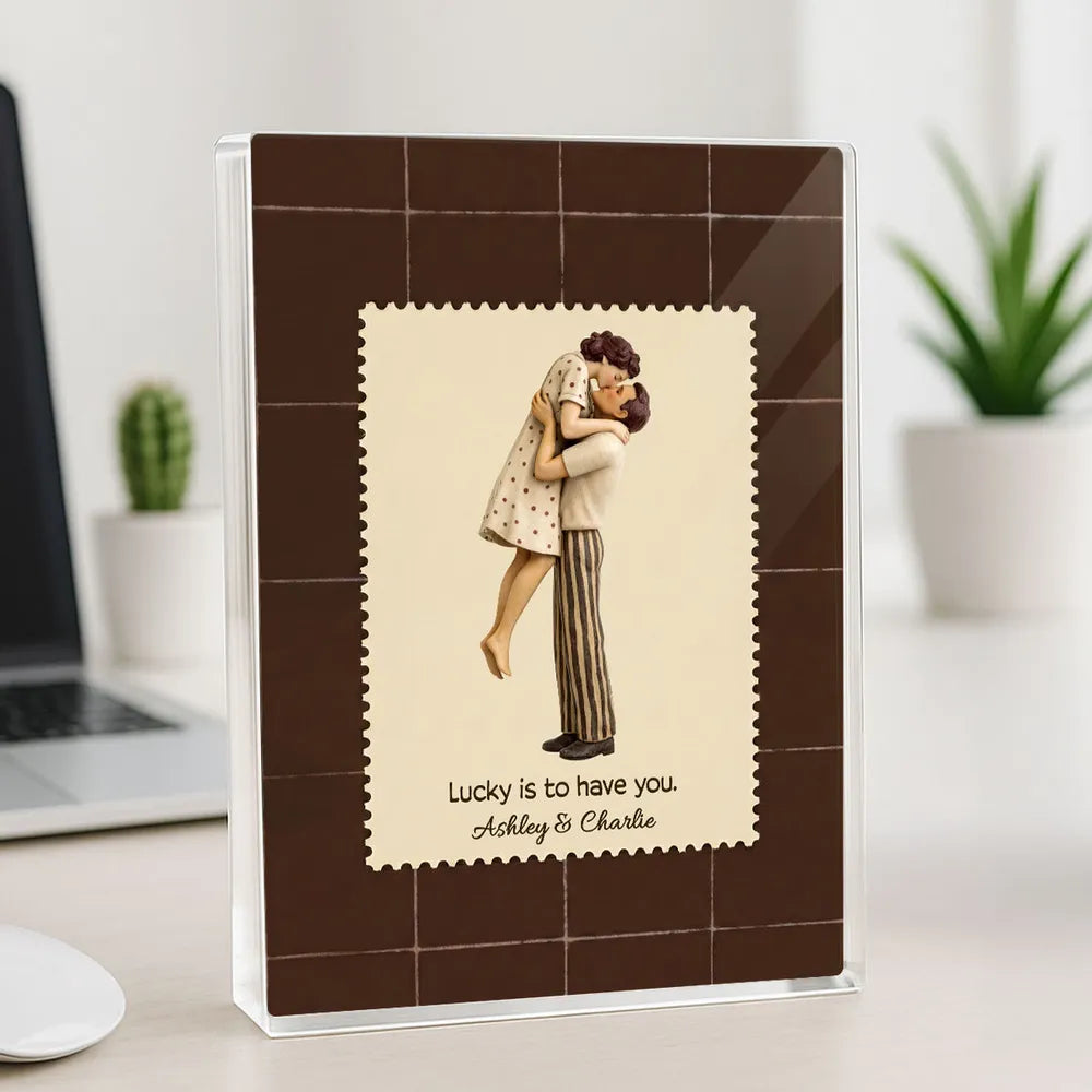 Lucky Is To Have You Rectangle Acrylic Block Plaque, Mid-Century Kiss Couple Desk Decor, Unique Valentine's Day Gift