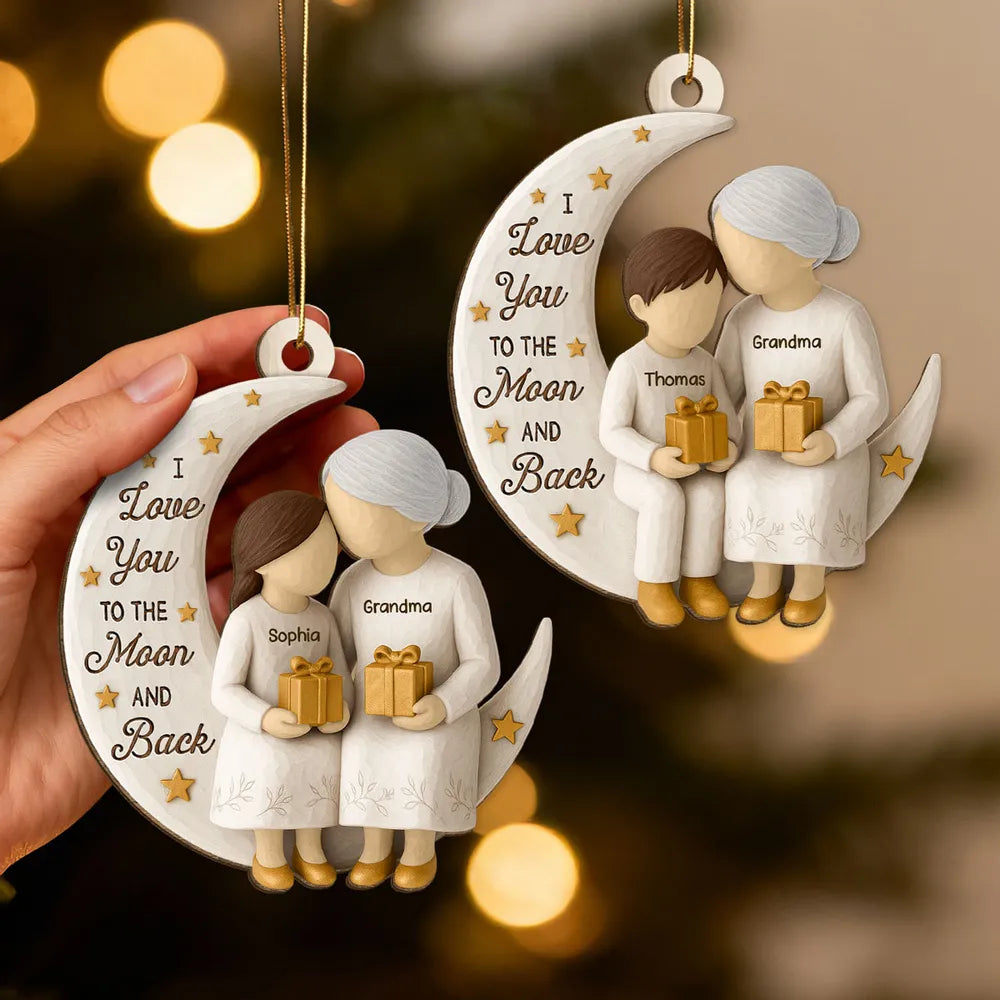 Wooden Ornament - Grandma & Grandkid on Crescent Moon, Customizable, unique gift for Granddaughter or Grandson
