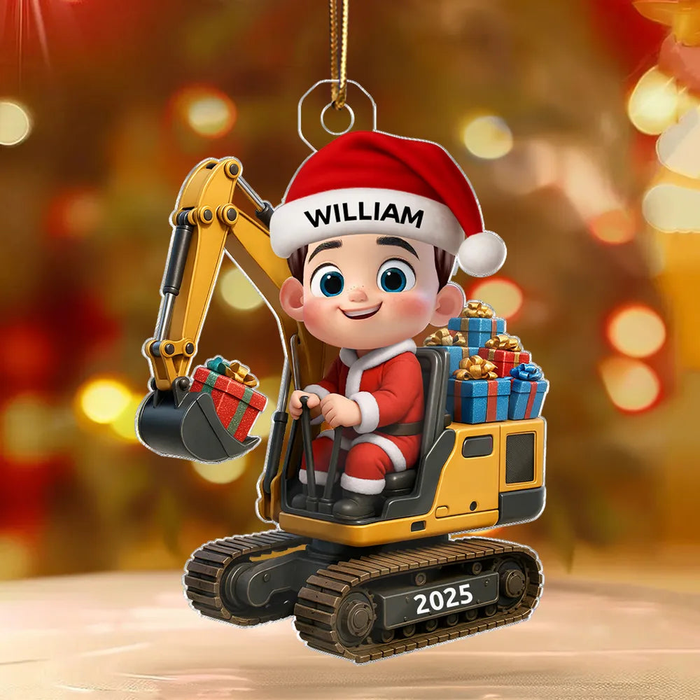 Christmas Acrylic Ornament with Cute Excavator and Santa Kid – Festive Decoration & Perfect Gift for Children