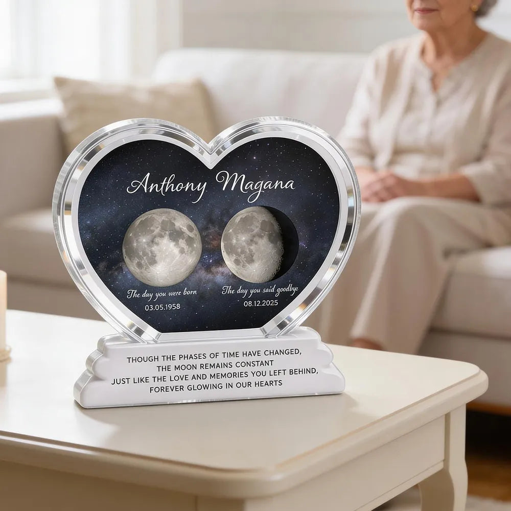 Personalized Heart Shaped Acrylic Block Plaque Moon Phase Memorial Keepsake for Loved One Remembrance - Unique Sympathy Gift