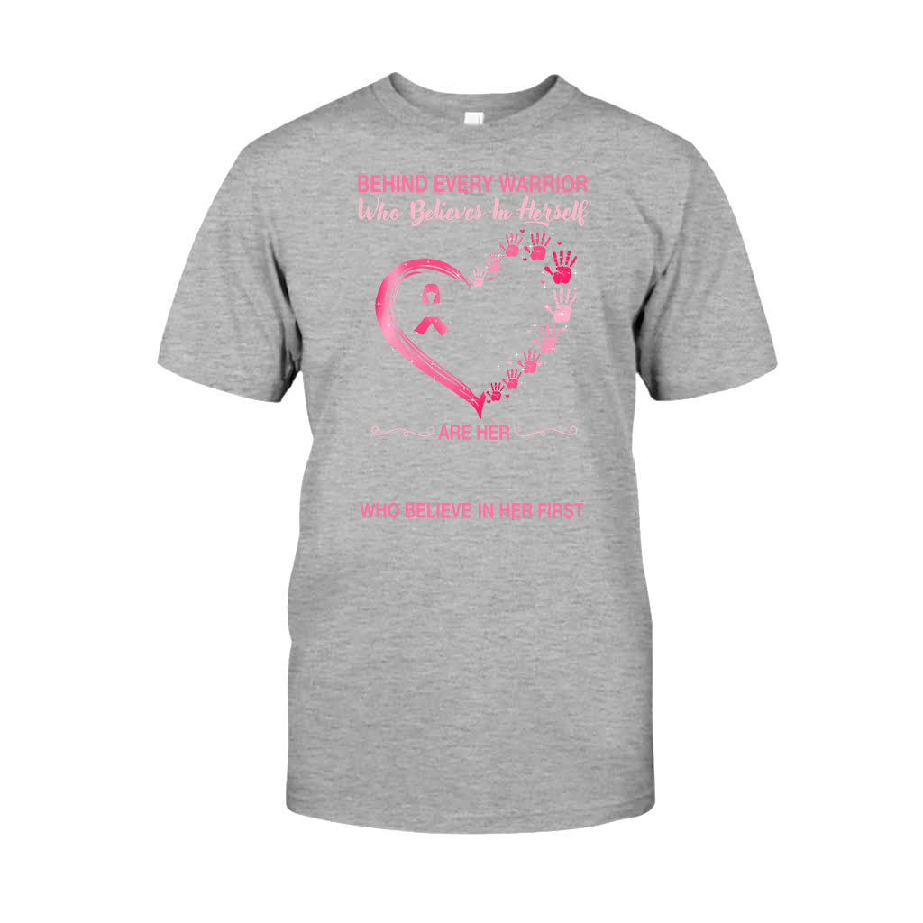 Behind Every Warrior Pink Heart Hand Prints - Breast Cancer Awareness Personalized T-shirt And Hoodie