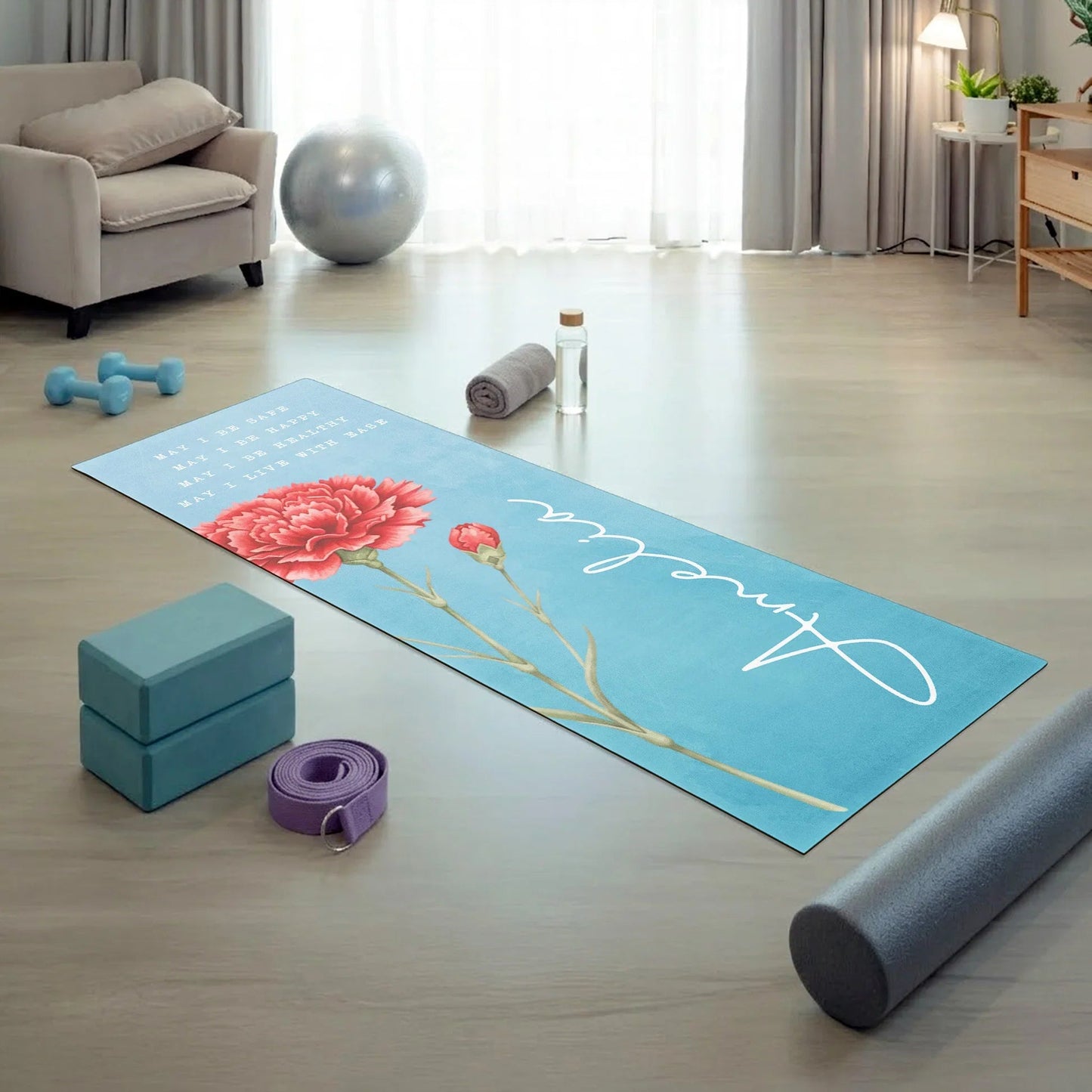 Personalized Birth Flower Yoga Mat With Custom Name, Calm Blue Floral Home Practice, Unique Gift For Yoga Lovers