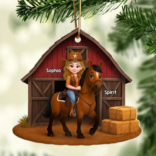 Acrylic Ornament, Cowgirl Riding Horse at Red Barn, Custom Farm Scene, a unique gift for Horse Lovers & Kids
