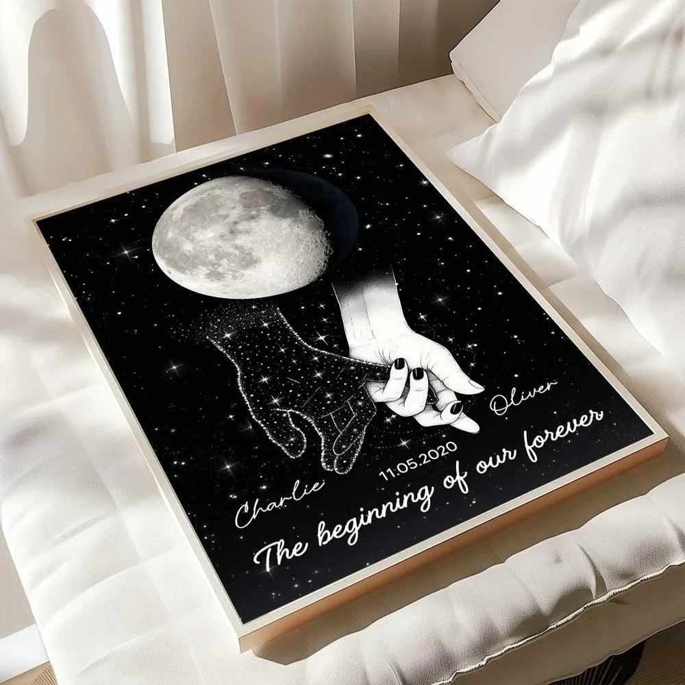 Personalized Moon Phase Couple Holding Hands Poster, Starry Night Wall Art, Unique Romantic Gift for Couple