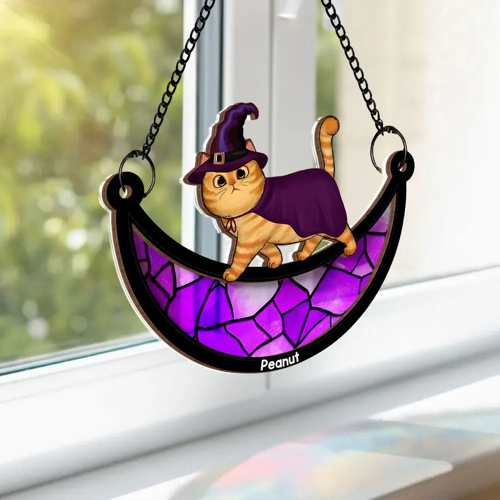 Wood and Acrylic Layered Ornament – Charming Cat with Cape & Hat, Chain-Hanging Moon Keepsake for Cat Lovers