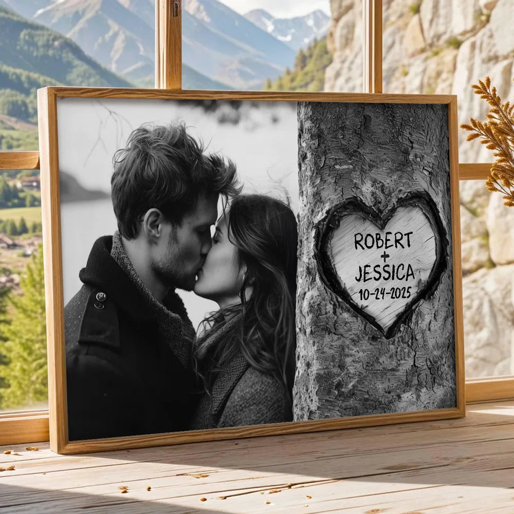 Personalized Couple Kissing Poster with Heart Carved Tree Design Romantic Wall Art, Unique Creative Gift for Him or Her