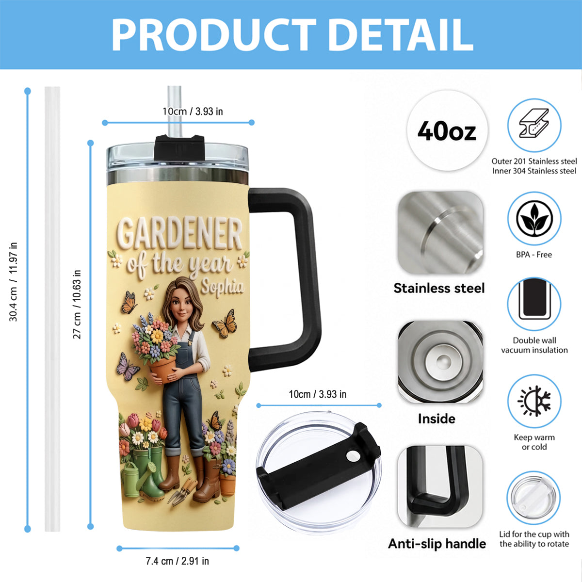Gardener Of The Year - Personalized Gardening Tumbler With Plush Charm
