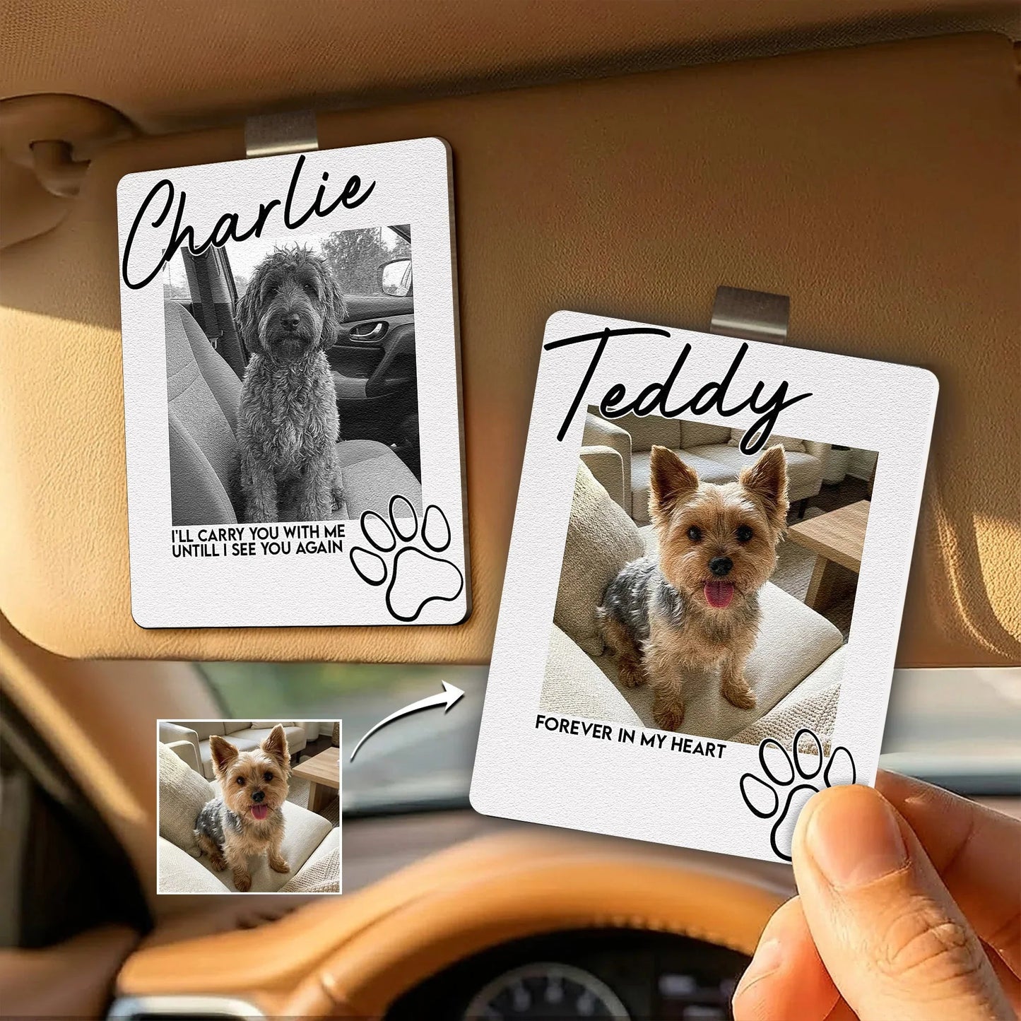 Personalized Wooden Car Visor Clip With Pet Photo and Memorial Quote, Warm Car Decor, Unique Gift for Dog Lovers