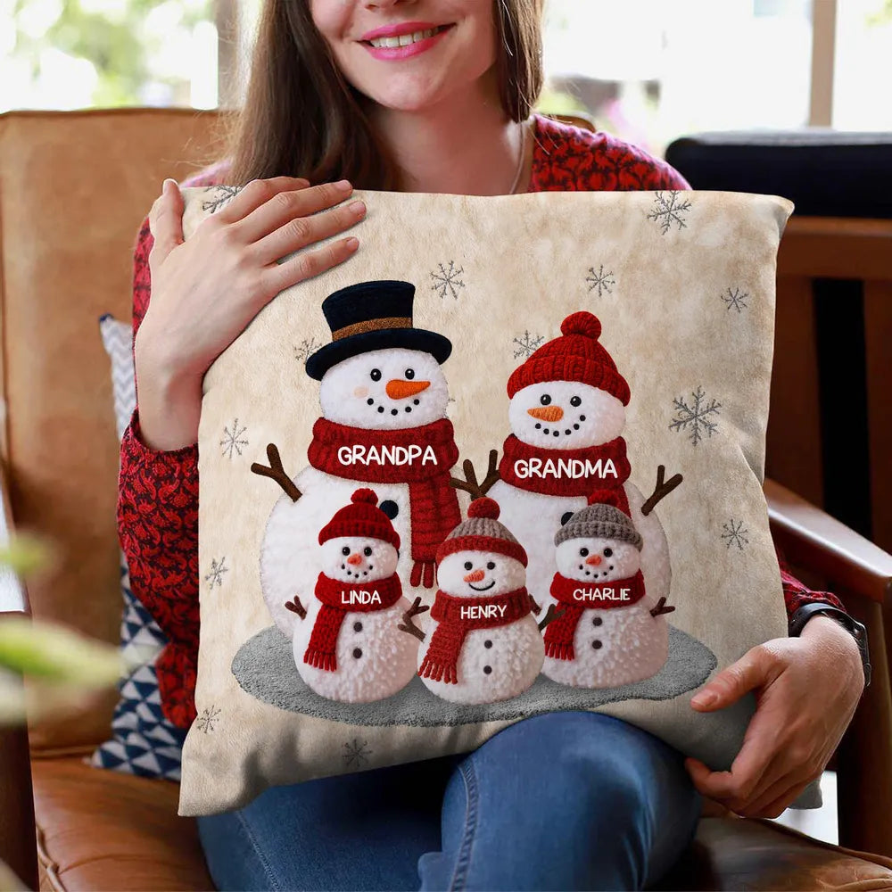 Square Pillow, Snowman Family Christmas Design, Personalized Holiday Decor, Cozy Accent for Grandma & Grandpa, a Unique Gift