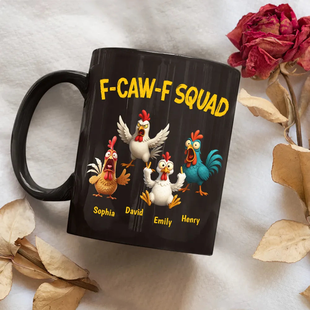 Personalized F-CAW-F Squad Full Color Mug Funny Chicken Cartoon Gift for Friends or Family Coffee Time Laughs