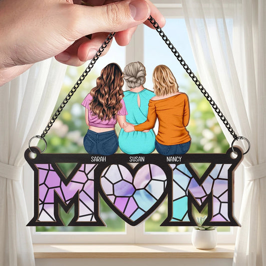 Personalized Wood and Acrylic Layered Ornament Mom Stained Glass Style Family Hug Window Hanging, Unique Gift for Mom