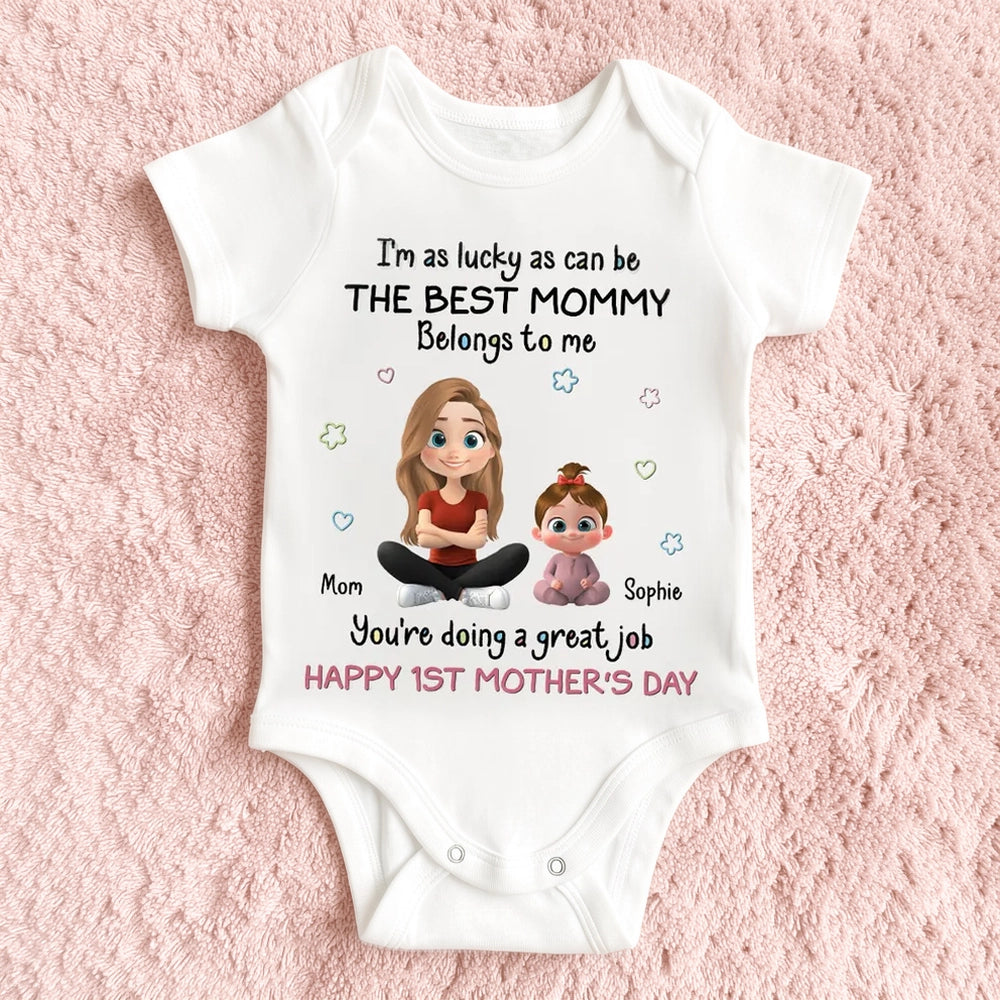 Personalized Short Sleeve Baby Onesie with Cute Mom & Baby Cartoon, First Mother's Day Gift, Photo-Ready Keepsake