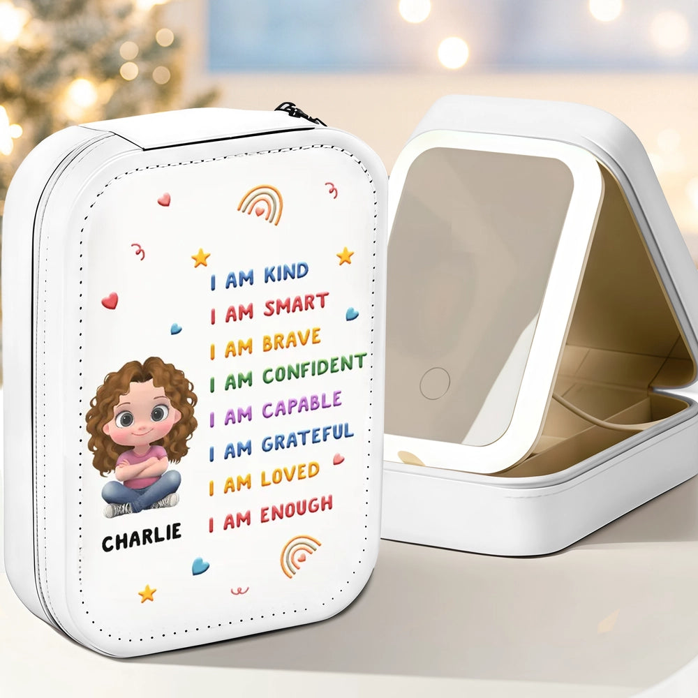 Leather LED Makeup Case Personalized with I Am Kind I Am Smart Quote, Sweet Everyday Reminder Creative Gift