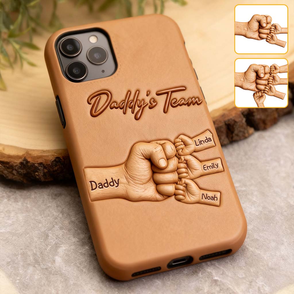 Daddy's Team - Personalized Father 3D Embossed Leather Phone Case