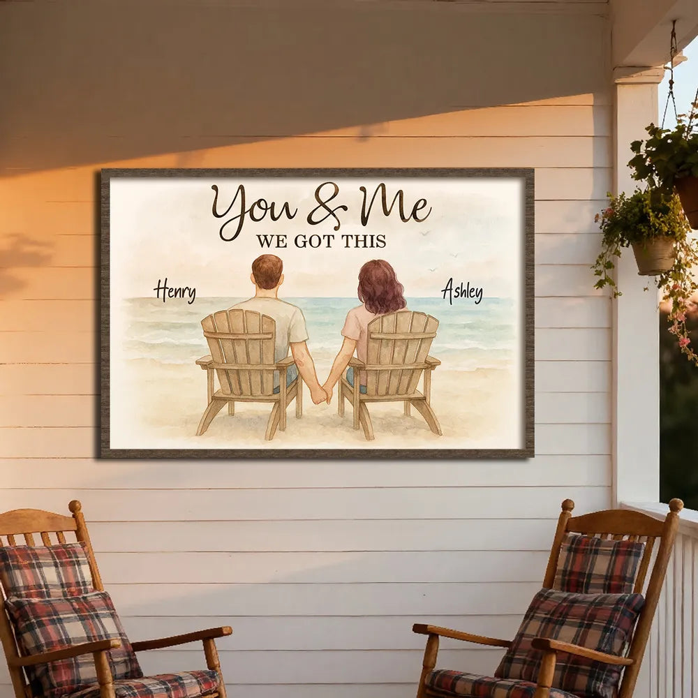 Romantic Seaside Poster, hand-in-hand couple illustration with gentle ocean background, warm modern wall art, heartfelt gift for partners or newlyweds