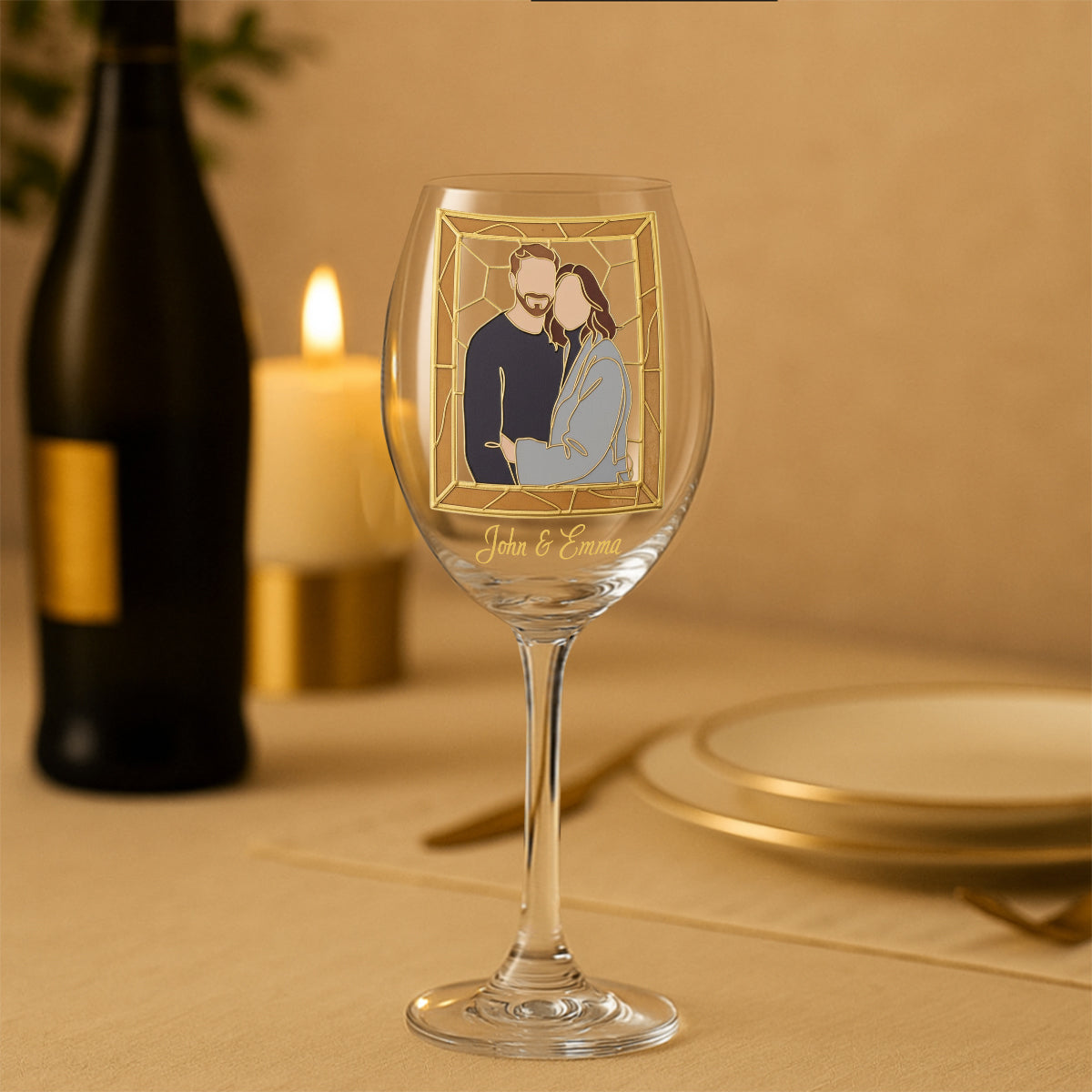 Custom One Line Art From Photo, Hand Painted Stained Glass Style - Personalized Couple Wine Glass With Long Stem