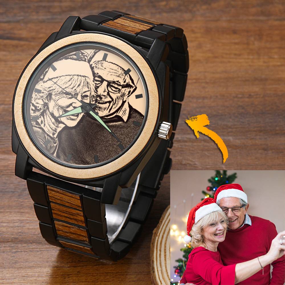 Engraved Photo Watch with Wood Strap - Personalized Watch