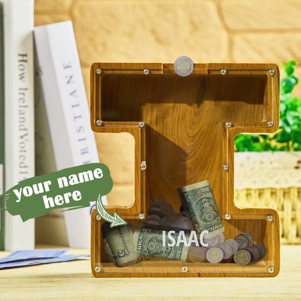 Custom Initial And Name - Personalized Letter And Name Tung Wooden Piggy Bank